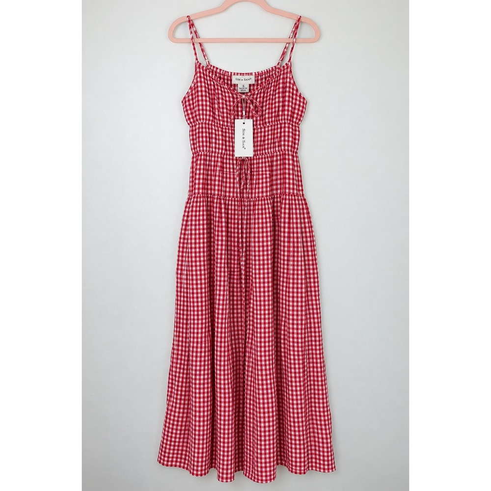 Sim & Sam Red Gingham Smocked Tiered Midi Dress with Pockets Small NWT